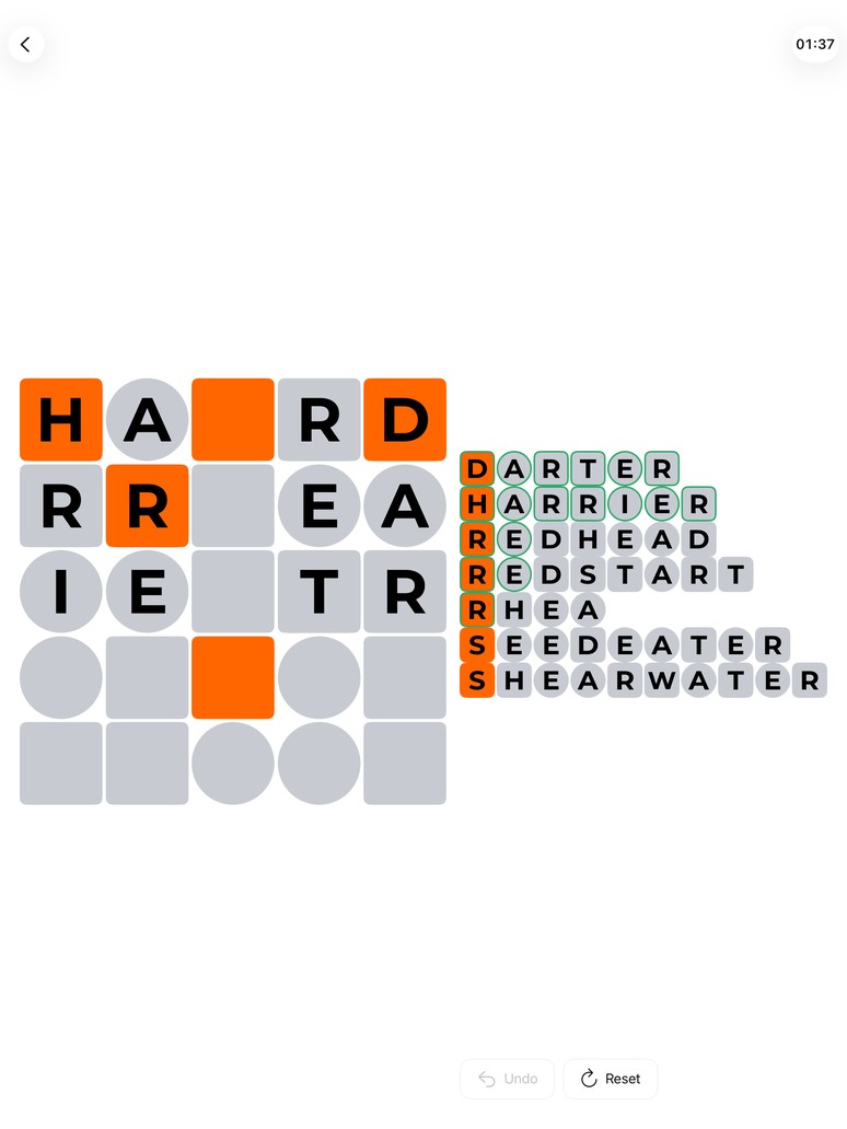The same PathWords puzzle on iPad, with the grid and the word list side by side