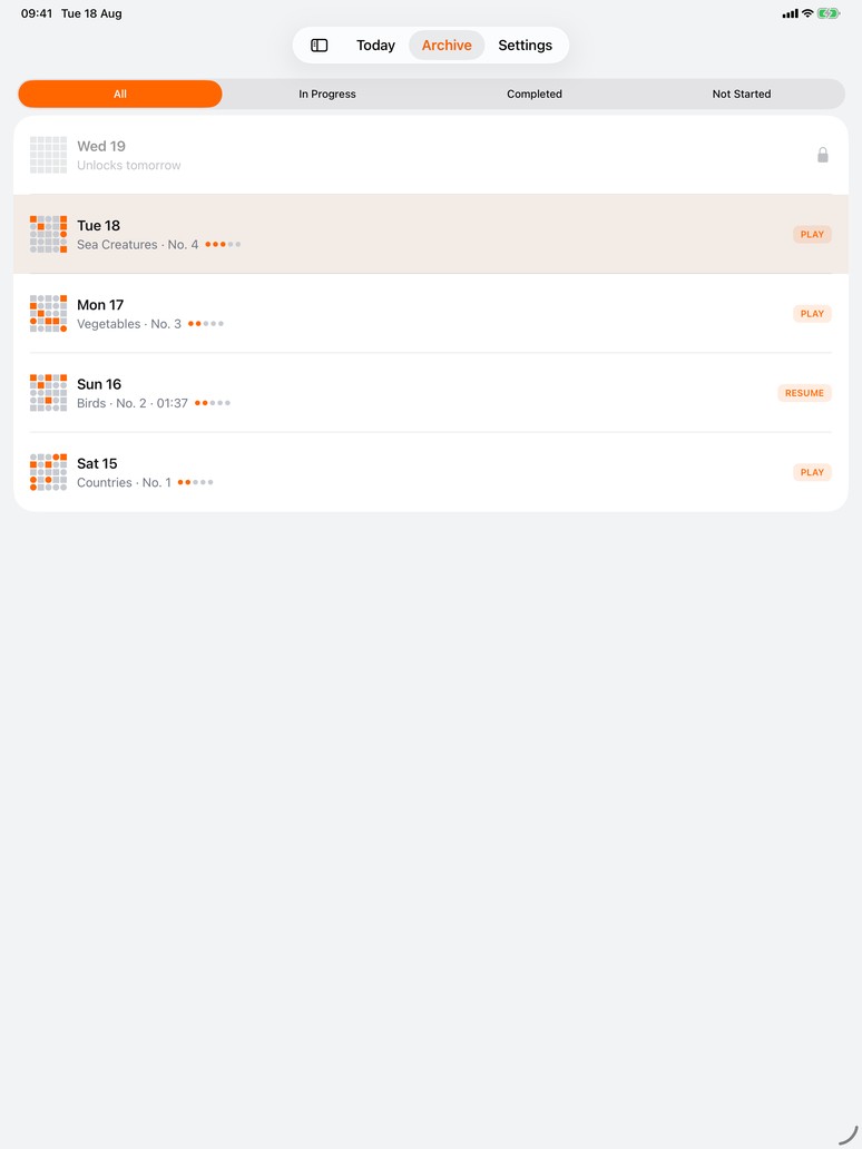 The PathWords level list on iPad, showing every puzzle in one full-width list